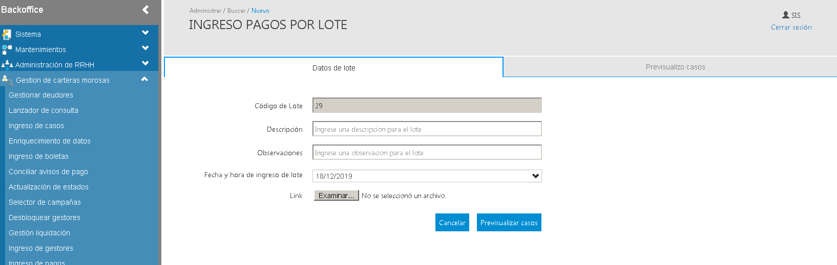 Ingresos de Casos por lotes CarteraMorosa Ingresos de Casos por lotes CarteraMorosa